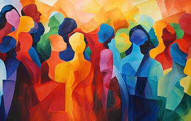 Abstract colorful art watercolor painting depicts a diverse group of people united