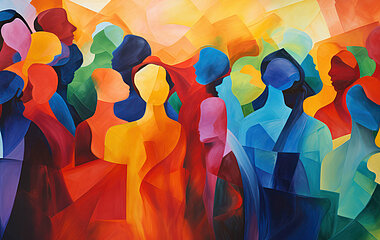 Abstract colorful art watercolor painting depicts a diverse group of people united